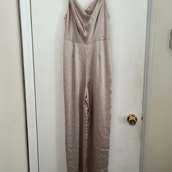 Lulu’s Night Champagne Satin Cowl Neck Culotte Jumpsuit - Picture 4 of 4